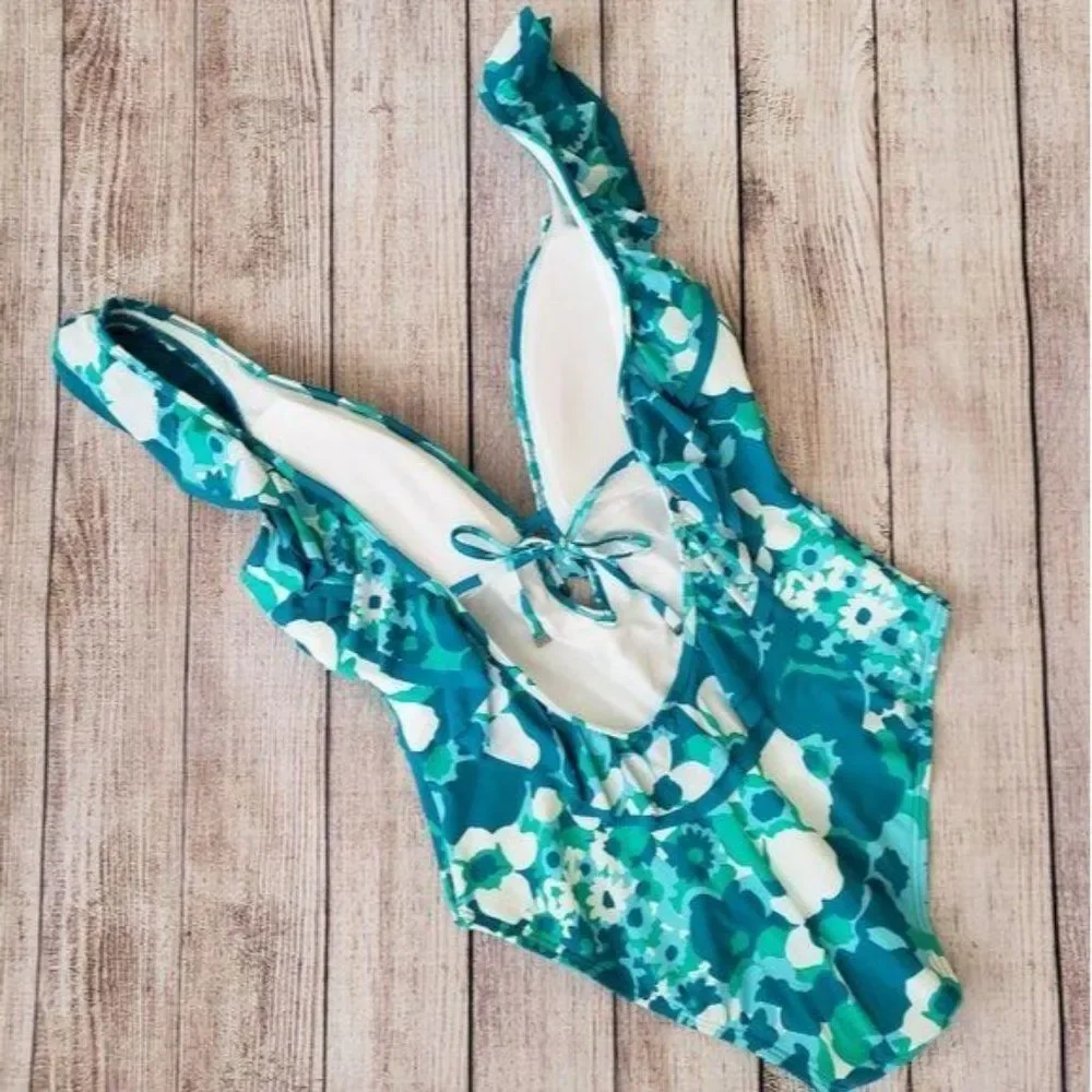 Michael Kors Aqua Blue Floral Plunging Neckline One-Piece Swimsuit Women's